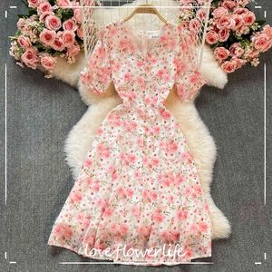 Loveflowerlife Summer Casual Floral Print Lady Dress A Line V Neck Krótkie Pojedyncze Piersed High Waist Kobiety Sukienki 210521