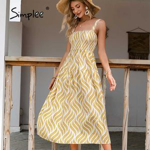 Holiday leaf printing spaghetti A-line dress sexy Summer smocking boat neck e High waist casual 210608