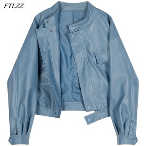 Wiosna Kobiety Niebieska Faux Skórzana Jacket Ladies Moto Biker Streetwear Kieszenie Luźne Krótki Moda Pu Płaszcz 210430