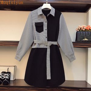 Shirt Dress For Women Spring Turn-down Collar Long Sleeve Houndstooth Patchwork Black Loose Casual Dresses With Belt 210428