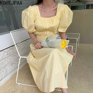 Korjpaa Kvinnor Klänning Koreanskt Chic Sommar Fransk Elegant Krage Collarbone Midja Slim Bubble Sleeve Klänning Lång Kjol Kvinna 210526