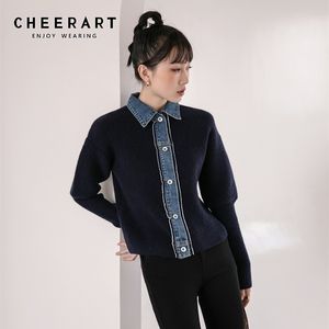 Winter Sweater Jacket Women Patchwork Denim Designer Coats And Jackets Knited Warm Outerwear Clothing 210427