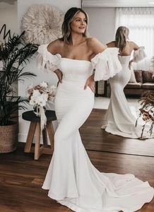 Çıkarılabilir Kollu Gelinlik Modern Mermaid Gelinlik Gelinlikler Kısa Kollu Dantel Spandex Straplez Sweep Trail Robe De Mariage M48