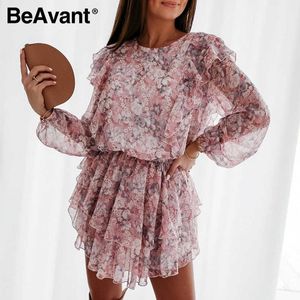 Beavent Women Floral Print Sukienka Elegancki Rękaw Puffowy A-Line Szyfonowy Sash Dress High Waist Wear Wear Office Lady Różowa sukienka 210709