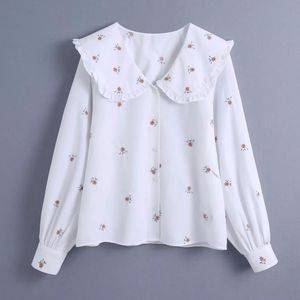 Frühling Frauen Blume Stickerei Peter Pan Kragen Hemd Weibliche Langarm Bluse Casual Dame Lose Tops Blusas S8666 210317