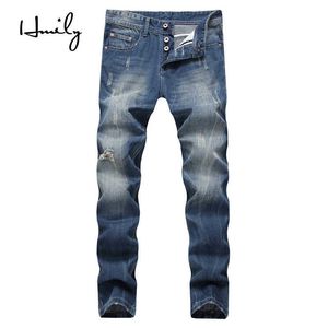 Hmily moda clássico homens jeans fit algodão fit algodão destruído jeans rasgados para homens streetwear calças de calças de hip hop homme x0621