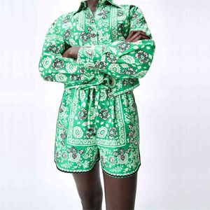 TRAF Şort Kadınlar ZA Yeşil Baskı Yüksek Bel Kısa Pantolon Kadın Yaz Elastik Moda Streetwear Gevşek Rahat 210621