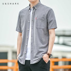 U&SHARK Summer Short Sleeve Grey Striped Dress Shirt Men Blouses Korean Clothes High Quality 100% Cotton Casual Shirt Male 210603