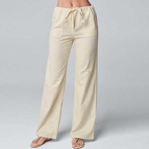 Calças de linho de algodão para mulheres empilhadas soltas vintage plus tamanho sólido básico alta cintura larga perna khaki calças verão as calças femininas 210709