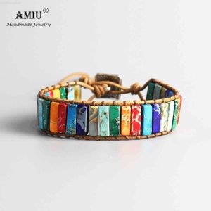 Wholesale african ear rings resale online - Amiu Handmade Chakra Natural Tube Beads Stone Leather Wrap Pierre Naturelle Bangle for Women Men Jewelry Bracelet