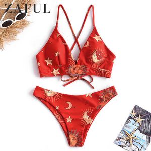 ZAFUL Star Sun Moon Lace Up Bikini Set Spaghetti Straps Wire Free Swim Suit Women Summer Bathing Suit High Cut Padded Swimwear Y0820