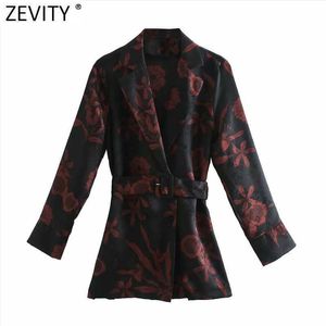 Zevity WomenヴィンテージフラワープリントサッシサッシスモックブラウスオフィスレディースダウンカラーキモノシャツシックブラザストップスLS7412 210603