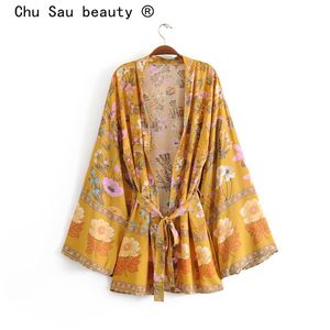 Mini Kimonos al por mayor-Blusas de mujer camisetas chu sau belleza boho floral estampado kimono mujeres estilo de playa moda faja larga mujer hermosa mini vestido