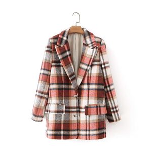 Vintage Woman Red Plaid Base Blazer Płaszcz Wiosna Moda Biurowe Damskie Panie Miękkie Przycisk Outwear Kobiet Casual Kurtki Kieszonkowe 210515