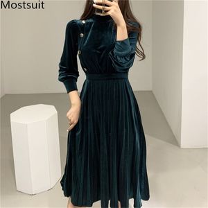 Kore Vintage Kadife Düğmeler Elbise Kadınlar Uzun Kollu Standı Yaka Pileli Elbiseler Zarif Temel Bayanlar Parti Vestido Femme 210513