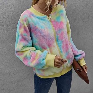 Casual elegante giacca in pelliccia sintetica cappotto donna autunno morbido tie-dyed caldo orsacchiotto tasca oversize outfit top 210427