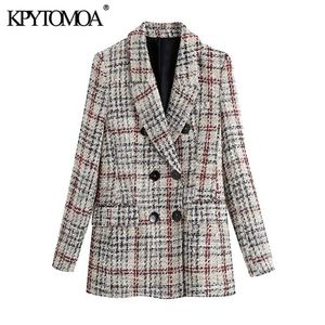 Kpytomoa女性のファッションダブルブレストツイードチェックブレザーコートビンテージ長袖ポケット女性の上着シックトップ210930