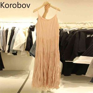 Korobov vår sommar ny chic spaghetti strap kvinnor klänning ärmlös av axel eleganta klänningar ruched robe femme 2a567 210430