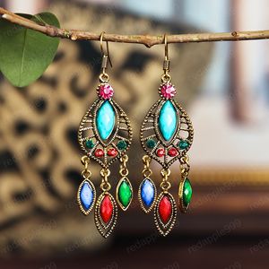 Przesadzona biżuteria etniczna Antyczne Czarny Rhinestone Długi Tassel Dynda Wiszące Kolczyki dla kobiet Bohemia Indian Jhumka Kolczyk