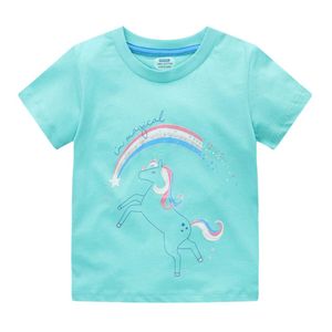 Hoppmätare sommarblå T-shirts för tjejer Bomull Unicorn Print Mode Barns Tees Kläder Toppar 210529