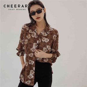 Jesień Brown Koszula Dla Kobiet Z Długim Rękawem Top I Bluzka Luźna Rose Floral Print Button Up Collar Odzież 210427