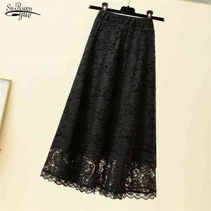 Verão Preto Lace Long Skirt Faldas Plus Size Solta Cintura Alta Mulheres S A- Linha MIDI para S 9833 210619