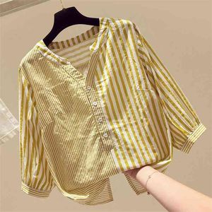 Spring Autumn Women's Blouse Korean Style Striped Stitching V-neck Top Loose and Versatile Three-quarter Sleeve Tops GX480 210507