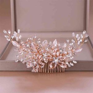 Trendy Rose gold Wedding Hair Combs Accessories for Bridal Crystal Headpiece ornaments Jewelry 210707