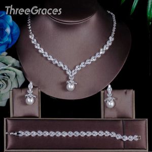 ThreeGraces Classic Marquise Shape Cubic Zircon Crystal Drop Pearl Bracelet Earrings Necklace Bridal Jewelry Sets Wedding JS240 H1022