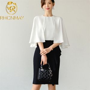 Koreansk stil sommar cloak lös solid skjorta + hög midja mantel bodycon penna kjol 2 bitar affärskvot set 210506