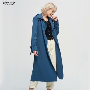 Herbst Turndown Kragen Lange Trenchjacke Frauen Schlank Gürtel Mantel Vintage Windjacke Mantel Business Blau Outwear 210430