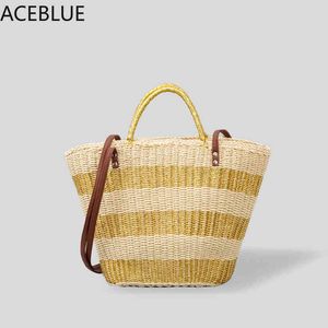 Einkaufstaschen Mode Gold Silber Gestreift Große Stroh Korb Tasche Casual Seil Gewebt Frauen Handtaschen Rattan Sommer Strand Schulter Große tote 220303