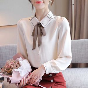 Korean Women Blouses Chiffon Solid Shirts Office Lady Long Sleeve Shirt Autumn Woman Bow Tie Blouse Tops Plus Size 210531