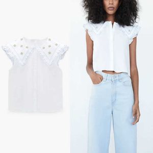 Openwork bordado za camisa mulheres mangas sem mangas vintage verão top feminino moda botão apto branco blusa bordada 210602