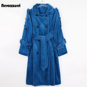 Nerazzurri Winter Long Stylish Blue Warm Thick Fluffy Faux Fur Trench Coat for Women Double Breasted British Style Fashion 211110