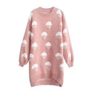 Autumn Winter Knitted Mini Dress Loose Pink Long Sleeve Sweater Patchwork Dot O Neck D0848 210514