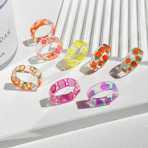 INS Fashion Fresh Fruits Transparent Resin Acrylic Ring For Women Girls New Design Strawberry Lemon Finger Jewelry Gifts