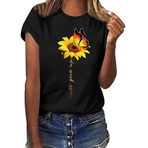 Słonecznikowy Tshirt Plus Size Kobiety Drukowanie Krótki Rękaw T-shirt Casual Okrągły Neck Loose Tee Koszula Femme Tops Lato 210517