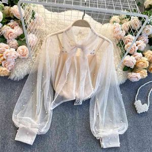 Kvinnors Retro Pin Bead Långärmad Loose Mesh Perspektiv Skjorta Mode Elegant Koreansk Kläder Blus Q618 210527
