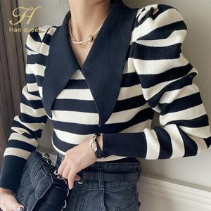 Women's Sweaters H Han Queen Winter Lapel Stripe Puff Sleeves Loose Soft Warm Pullover Knitted Casual Lady Jumpers Basic Sweater