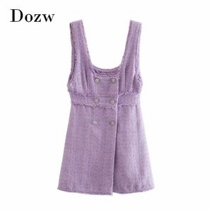 女性の甘いスパゲッティストラップTweed Mini DressesダブルブレストシックパーティーAラインタッセルパープルVestidos 210515