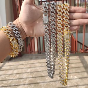 2-piece Kit Hip Hop 15mm Bling Iced Out Cuban Prong Chaining Street Zirkoon Rapper Chains Bracelet For Men Women Jewels