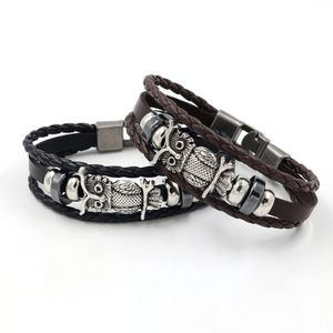 Ancient Silver Owl Charm Bracelets Weave Multilayer Wrap Leather Bracelets Bangle Cuff Wristband Women Men Fashion Jewelry Black Brown will and sandy