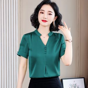 Korean Chiffon Women Blouses Shirts Woman Satin Solid Blouse Elegant V-neck Shirt Tops Plus Size Blusas Mujer De Moda 210427