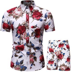 Męskie dresy Mężczyźni Hawajski Zestawy Drukowanie 2021 Lato Krótki rękaw Przycisk Koszula Spodenki Beach Streetwear Casual Mens Suit 2 Sztuk S-3XL IN