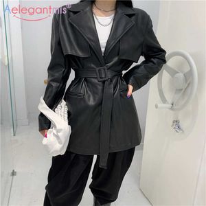 Aelegantmis Casual Faux Leather Jacket Women with Belt Korean Loose Vintage Black Motorcycle PU Female Outwear Streetwear 210607