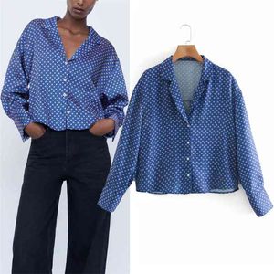 Blau Mini Gedruckt Button Up Hemd Frauen Vintage Revers Kragen Gefaltete Langarm Crop Tops Damen Lose Beiläufige Blusen 210519