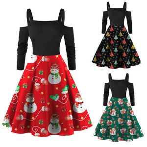 Höst Snowman Print Christmas Dress Women Sling Off Shoulder Långärmad Baklösa Kvinna Big Swing Xmas Party Dresses Vestidos 210507