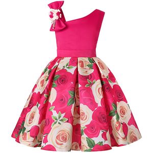 Crianças menina um vestido de ombro bebê festa rosa impresso um ombro vestido de baile princesa crianças vestido de designer meninas 1473 b3