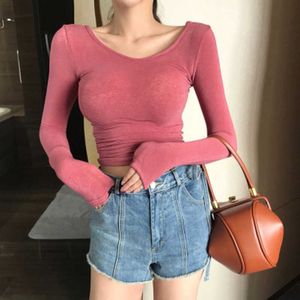 Womengaga Damska okrągła szyja Slim Tight Top Cienka Długie Rękaw Różowy T-Shirt Dailed Tees Bawełna Z5og 210603